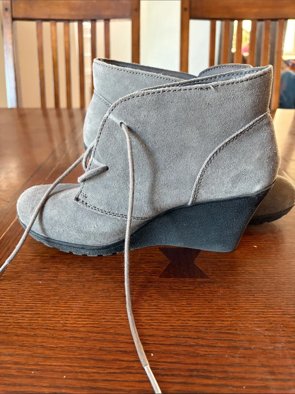 White Mountain Gray Suede Lace-Up Wedge Booties